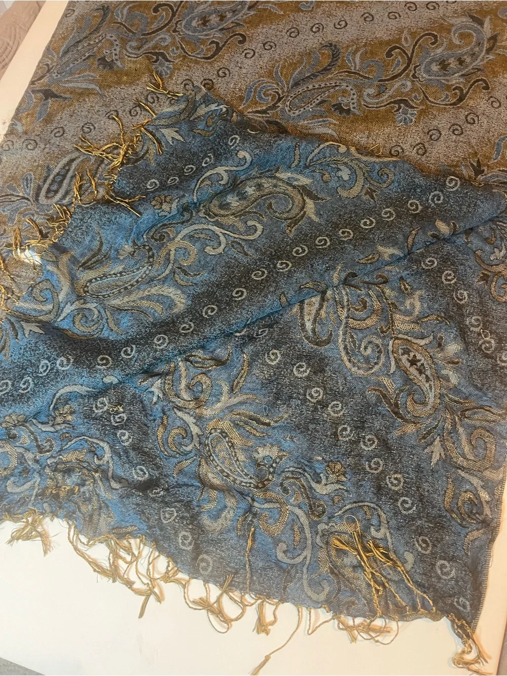 Vintage Paisley Fringe scarf, - Blue & Brown